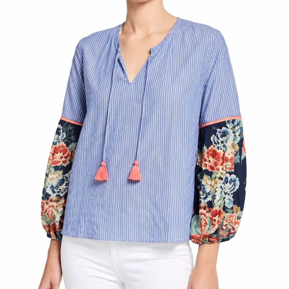 Johnny Was Striped Floral Mixed Print Tassel Peasant Blouse Blue Women's M